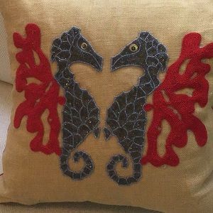 Coastal Chic Beaded Seahorse and Coral Toss Pillow